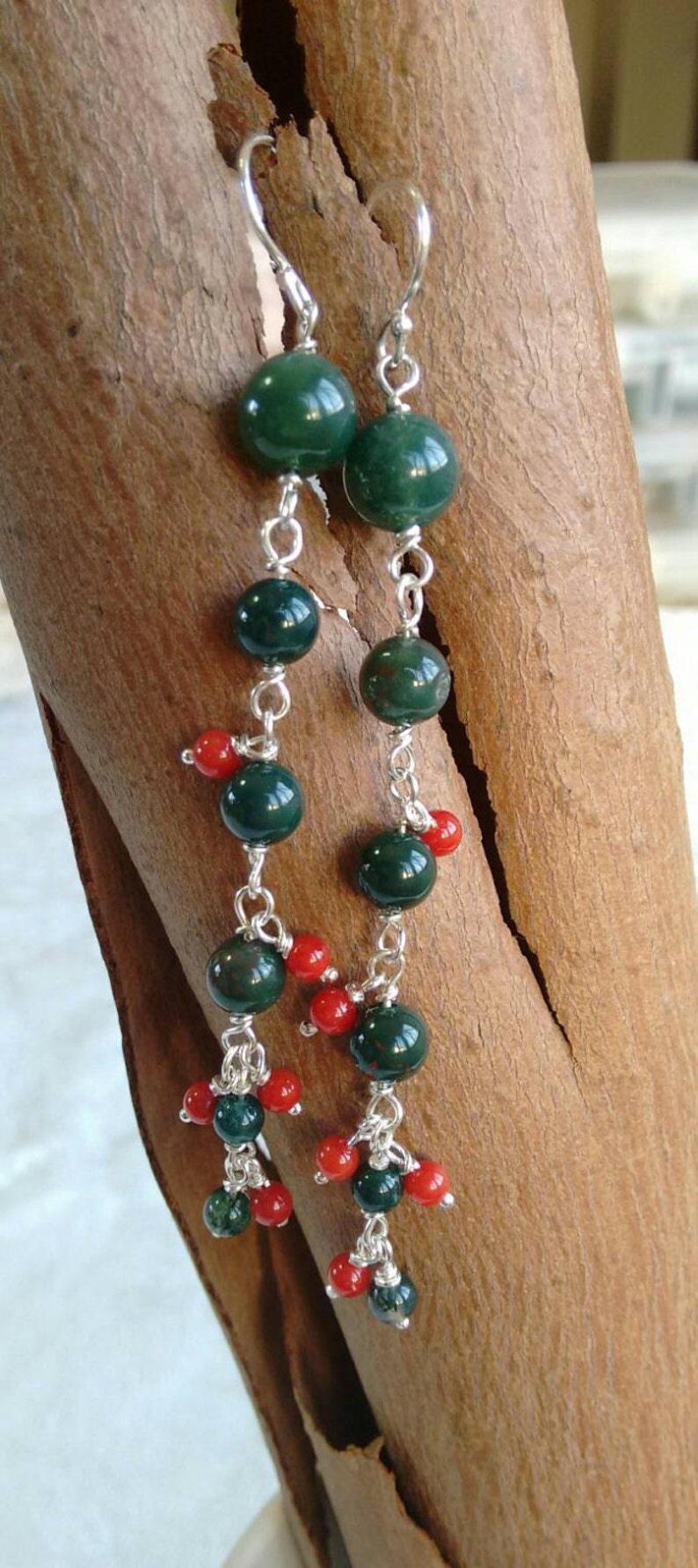 Green Moss Agate Earrings Red Coral Sterling Silver Fun Earrings.