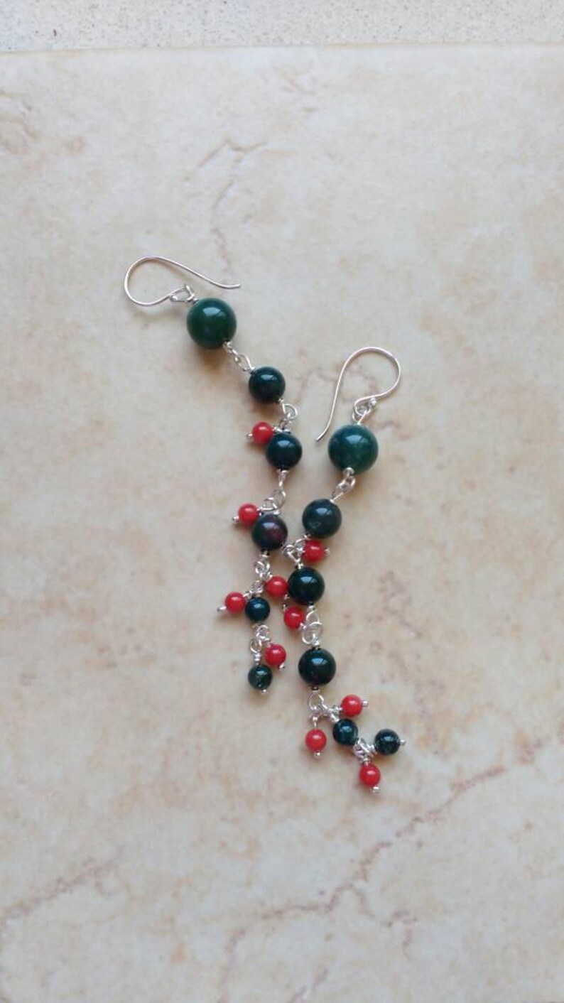 Green Moss Agate Earrings Red Coral Sterling Silver Fun Earrings.