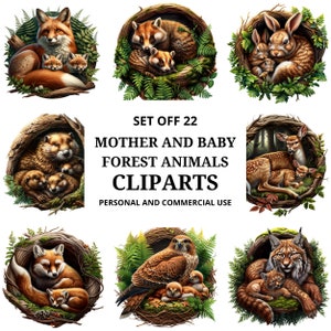 Mutter und Baby aus dem Wald - 22 Tiere Bundle-Set - Digitales Malpaket - Clipart-Design