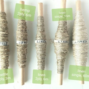 Set: Nettle, hemp, linen yarn. 5 hand-processed, hand-spun threads. Urtica dioica L. Viking sewing yarn, natural fibers.