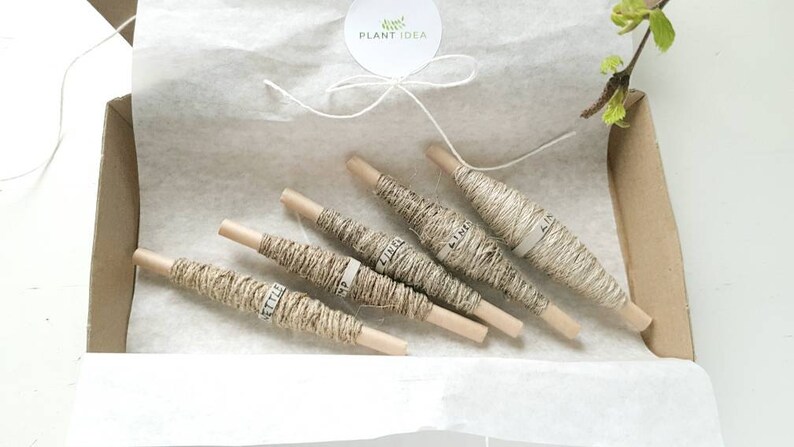 May include: Five spools of natural twine, each wrapped in brown paper with the word "Little" printed on it. The spools are arranged in a box lined with white tissue paper.