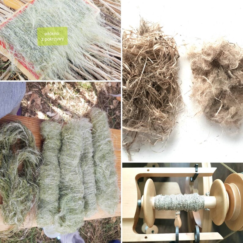 May include: Close-up of a spinning wheel with a spool of yarn. The yarn is a light green color and is made from fibers extracted from a plant. The text "wł&oacute;kno z pokrzywy" is visible in the image.