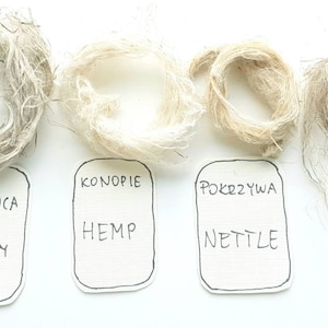 May include: Six different types of natural fibers, including horse radish, mulberry tree, hemp, nettle, banana leaf, and flax, are displayed in a row on a white background. Each fiber is wrapped in a circle and labeled with its common name and scientific name.