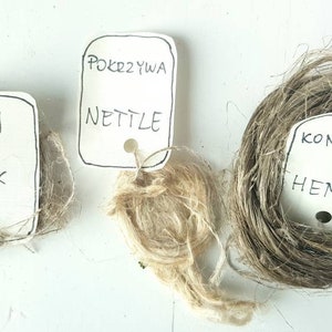May include: Three spools of natural fiber yarn, labeled "LEN FLAX", "POKRZYWA NETTLE", and "KONOPIE HEMP".