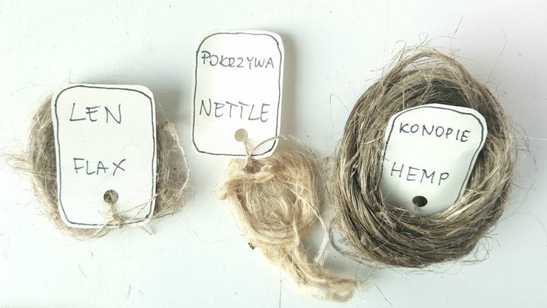 May include: Three spools of natural fiber yarn, labeled "LEN FLAX", "POKRZYWA NETTLE", and "KONOPIE HEMP".
