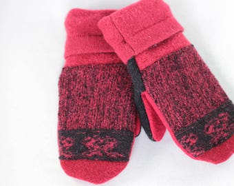 Recycled Sweater Mittens, Quilted Small Sweater Mittens, Red and Black