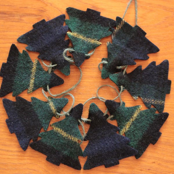 Farmhouse Rustic Plaid Christmas Ornaments, Navy Blue and GreenRecycled Wool Garland or Bunting