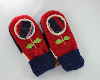 SMALL Recycled Wool Sweater Mittens, Women's Flowers Mittens, Red and Royal Blue Boiled Wool