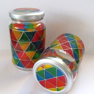 Handpainted Upcycled Glass Jars, hand painted in Geometric,Mosaic,Triangle shapes in rainbow colours.