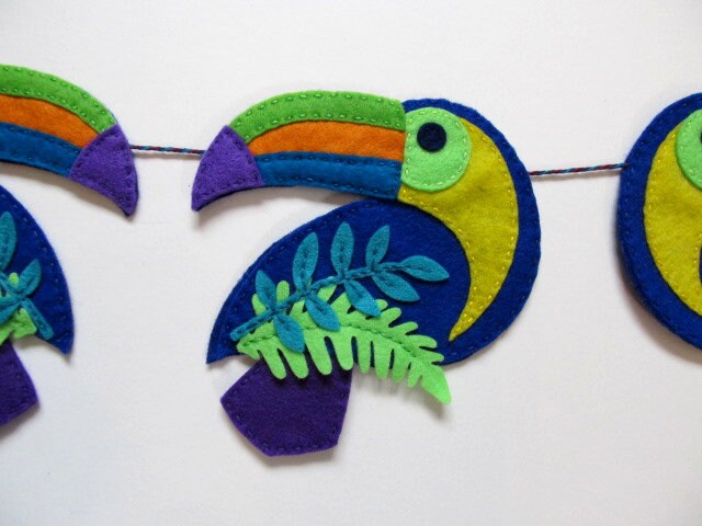 Handmade Felt Toucan Bunting 6 colorful felt Toucan birds attached to bakers twine.