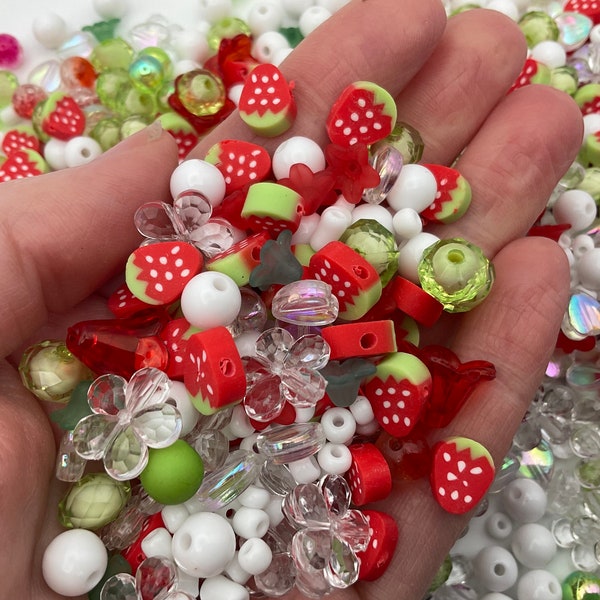 Bead soup,STRAWBERRY DELIGHT  confetti, kawaii,clay,seed beads, cute pretty, acrylic, plastic, sweet, , mixed selection pack LIMITED(CAB4)