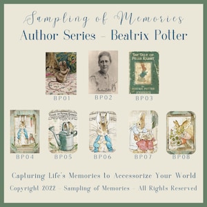 May include: A collection of eight vintage illustrations featuring Beatrix Potter's beloved characters, including Peter Rabbit, Jemima Puddle-Duck, and Mrs. Tiggy-Winkle. The illustrations are printed on a textured background and have a vintage aesthetic.