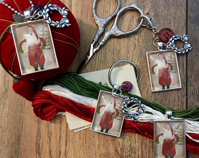 Santa with Sheep -  Thread Keep - Scissor Fob - Needleminder - Zipper Pull - Necklace