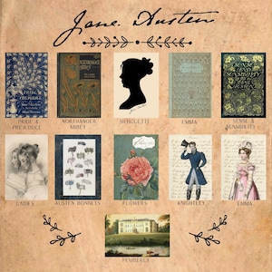 Può includere: Un collage di immagini relative ai romanzi di Jane Austen. Le immagini includono copertine di libri, silhouette, fiori e scene dai romanzi. Il testo "Jane Austen" è scritto in corsivo nella parte superiore del collage.