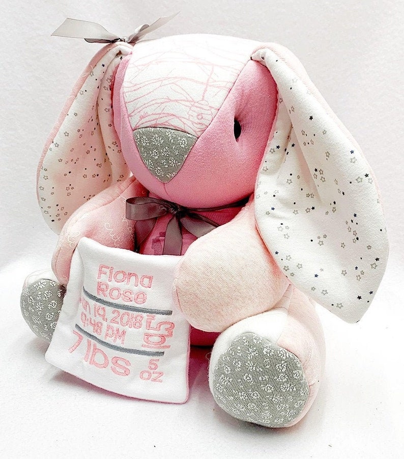 Memory Bunny, keepsake bunny, actual birth height weight bunny Name & stats blanket