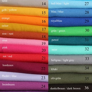 K&ouml;nnte beinhalten: Eine Farbkarte mit 25 Stoffproben, nummeriert von 13 bis 37. Die Proben sind vertikal in zwei Spalten angeordnet. Die Proben bestehen aus Baumwolljersey und sind in verschiedenen Farben, darunter Wei&szlig;, Gelb, Orange, Rosa, Rot, Lila, Blau, Gr&uuml;n, Braun und Schwarz.