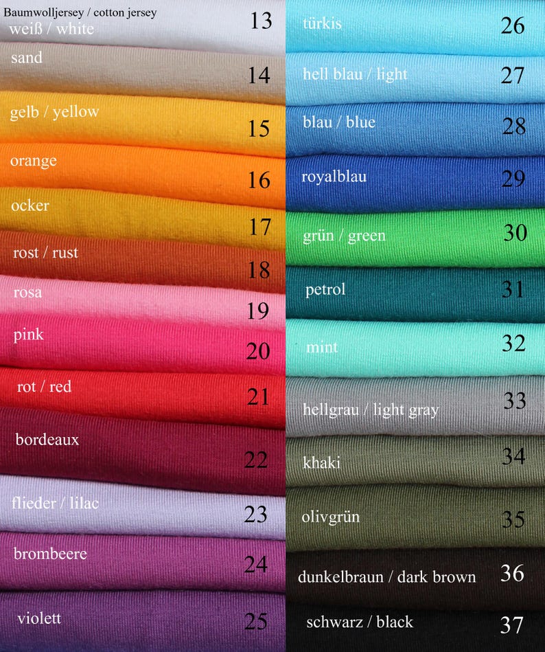 K&ouml;nnte beinhalten: Eine Farbkarte mit 25 Stoffproben, nummeriert von 13 bis 37. Die Proben sind vertikal in zwei Spalten angeordnet. Die Proben bestehen aus Baumwolljersey und sind in verschiedenen Farben, darunter Wei&szlig;, Gelb, Orange, Rosa, Rot, Lila, Blau, Gr&uuml;n, Braun und Schwarz.