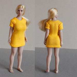 K&ouml;nnte beinhalten: Ein gelbes, kurz&auml;rmeliges Kleid mit Rundhalsausschnitt. Das Kleid ist aus weichem, dehnbarem Stoff und perfekt f&uuml;r Freizeitkleidung.