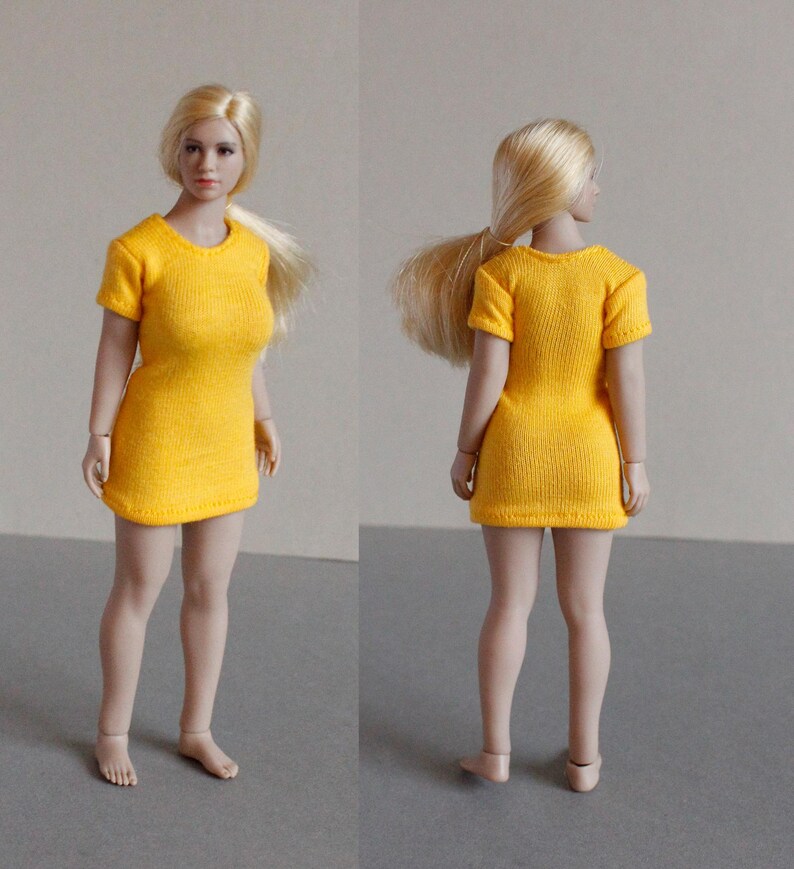 K&ouml;nnte beinhalten: Ein gelbes, kurz&auml;rmeliges Kleid mit Rundhalsausschnitt. Das Kleid ist aus weichem, dehnbarem Stoff und perfekt f&uuml;r Freizeitkleidung.