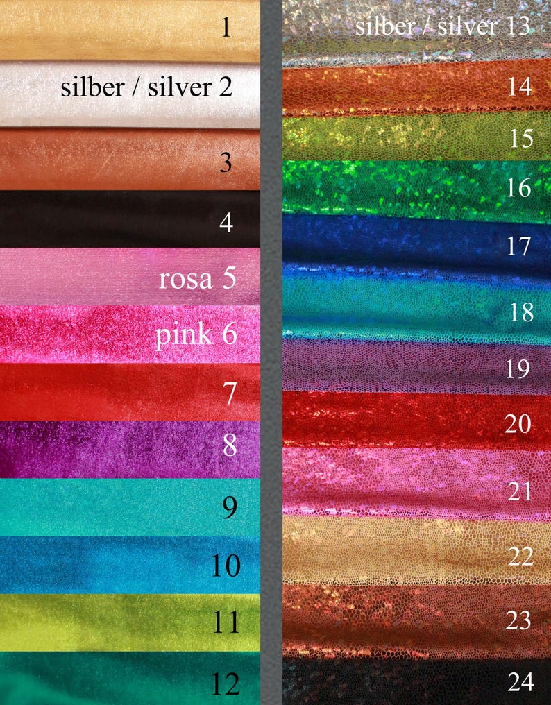 K&ouml;nnte beinhalten: Eine Farbmusterkarte mit 24 verschiedenen Stofffarben. Die Farben sind in Reihen angeordnet und von 1 bis 24 nummeriert. Die Farben umfassen Silber, Gold, Schwarz, Rosa, Rot, Lila, T&uuml;rkis, Blau, Gr&uuml;n und Braun. Der Stoff hat eine schimmernde Oberfl&auml;che.