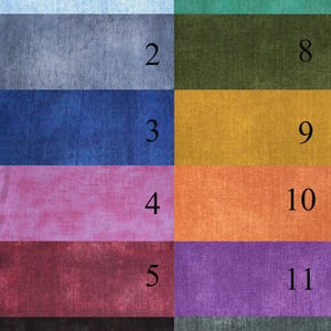 K&ouml;nnte beinhalten: Eine Farbkarte mit 12 verschiedenen Stoffmustern. Die Muster sind in zwei Spalten mit jeweils sechs Mustern angeordnet. Die Muster sind von 1 bis 12 nummeriert.