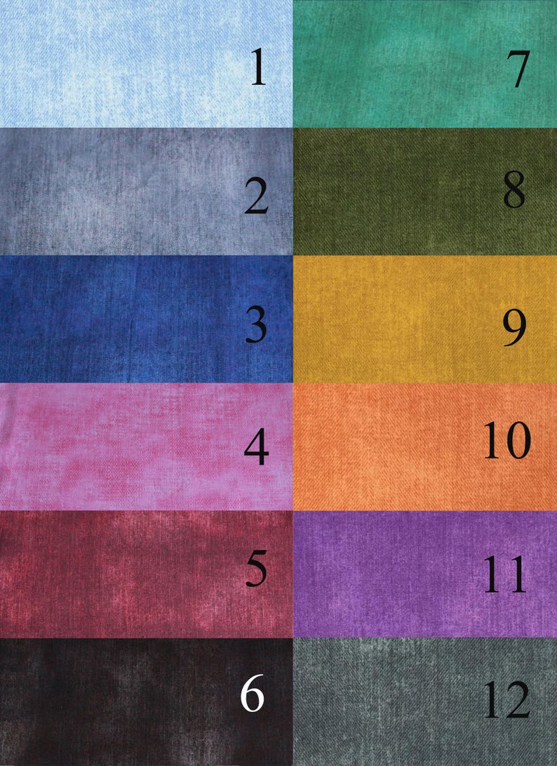 K&ouml;nnte beinhalten: Eine Farbkarte mit 12 verschiedenen Stoffmustern. Die Muster sind in zwei Spalten mit jeweils sechs Mustern angeordnet. Die Muster sind von 1 bis 12 nummeriert.