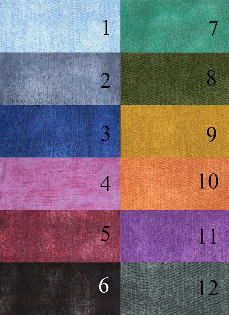 Puede incluir: Doce muestras de tela en diferentes colores y texturas. Las muestras est&aacute;n dispuestas en dos columnas de seis. Las muestras est&aacute;n numeradas del 1 al 12.