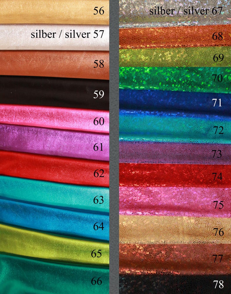 K&ouml;nnte beinhalten: Eine Farbmusterkarte mit 12 verschiedenen Stofffarben. Die Farben sind Gold, Wei&szlig;, Braun, Schwarz, Rosa, Lila, Rot, T&uuml;rkis, Blau, Gr&uuml;n, Gelb und T&uuml;rkis. Der Stoff hat eine schimmernde Oberfl&auml;che. Die Zahlen 56 bis 66 sind auf der linken Seite der Karte gedruckt, und die Zahlen 67 bis 78 sind auf der rechten Seite der Karte gedruckt. Der Text "silber / silver" ist auf der Karte gedruckt.