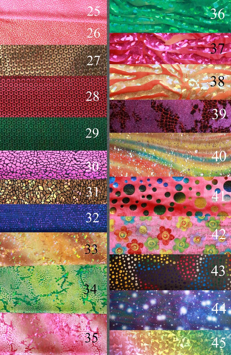 K&ouml;nnte beinhalten: Eine Sammlung von 20 verschiedenen schillernden Stoffen mit den Nummern 25 bis 45. Die Stoffe sind alle in verschiedenen Farben und Mustern, darunter rosa, gr&uuml;n, rot, lila, blau und gold.