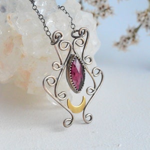 Silver Crescent Moon and Garnet Necklace