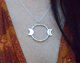 Triple Moon Goddess necklace, sterling silver moonphase necklace, handmade silver pendant