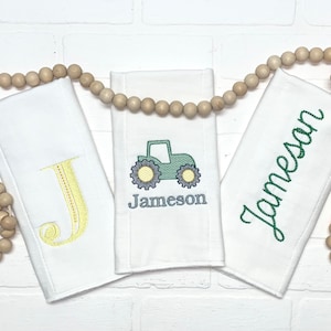 Custom Farm Tractor Embroidered Monogram Baby Gift Set-  Personalized Baby Gift - Burp Cloths- Baby Boy Gift