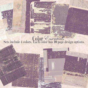 May include: A collection of vintage-style paper sheets in various shades of purple, beige, and white. The sheets feature aged textures, handwritten script, and decorative elements. Text on the image reads "Color Essentials" and "Sets include 4 colors. Each color has 10 page design options."