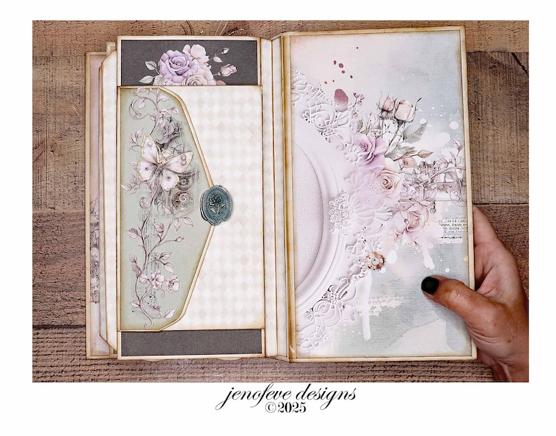 May include: An open scrapbook with floral and butterfly designs. The left side features a light green envelope with a wax seal and a floral design. The right side has a white frame with floral accents. The text "jenefeve designs &copy;2025" is visible.