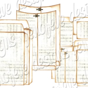May include: Set of six vintage-style envelopes with a musical note pattern. The envelopes are cream-coloured with brown edges and have a distressed look.