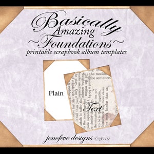 May include: A digital download of printable scrapbook album templates. The image shows two different templates, one labeled "Plain" and the other labeled "Text". The templates are surrounded by a brown border with a white background.