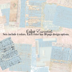 May include: A collection of vintage-style paper sheets in various sizes and designs. The papers feature a light blue and beige color scheme with handwritten script and decorative borders. Text on the image reads "Color Essentials" and "Sets include 4 colors. Each color has 10 page design options."