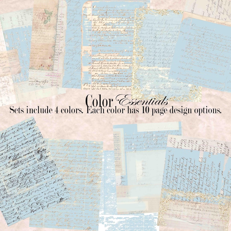 May include: A collection of vintage-style paper sheets in various sizes and designs. The papers feature a light blue and beige color scheme with handwritten script and decorative borders. Text on the image reads "Color Essentials" and "Sets include 4 colors. Each color has 10 page design options."