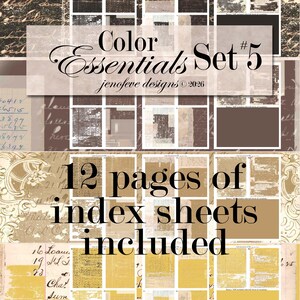 May include: A digital art set titled "Color Essentials Set #5" with 12 index sheets included. The design features a collage of vintage papers in shades of brown, beige, and gold, with handwritten script and geometric shapes. The text "jenofeve designs &copy; 2026" is also visible.