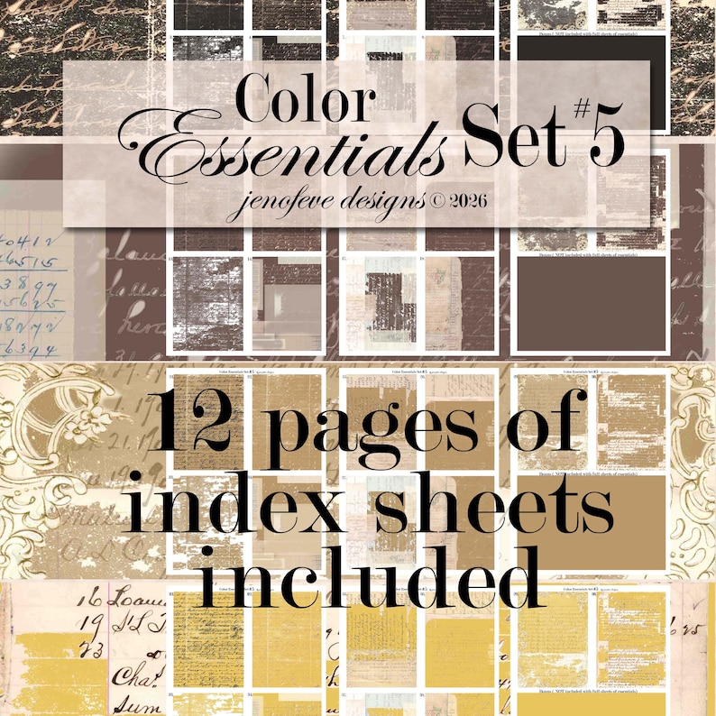 May include: A digital art set titled "Color Essentials Set #5" with 12 index sheets included. The design features a collage of vintage papers in shades of brown, beige, and gold, with handwritten script and geometric shapes. The text "jenofeve designs &copy; 2026" is also visible.