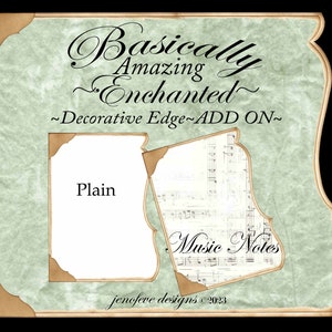 Könnte beinhalten: Ein digitaler Download von zwei dekorativen Rändern für Scrapbooking oder digitales Design. Die Ränder sind in hellgrün mit braunem Rand. Ein Rand ist schlicht und der andere hat ein Notenblatt-Muster. Der Text "Basically Amazing Enchanted" befindet sich oben im Bild. Der Text "~Decorative Edge~ADD ON~" befindet sich unter dem Titel. Der Text "Plain" befindet sich am linken Rand und der Text "Music Notes" am rechten Rand. Der Text "jenofeve designs ©2023" befindet sich unten im Bild.