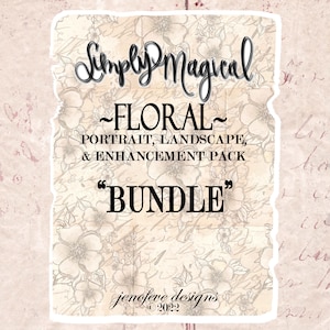 Pode incluir: Um pacote de produtos digitais para fotógrafos, intitulado "Simply Magical - Floral - Portrait, Landscape, & Enhancement Pack "Bundle"". O texto está em um fundo vintage com um padrão floral.