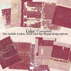 May include: A collection of vintage-style paper sheets in various shades of red, pink, and cream. The papers feature aged textures, handwritten script, and decorative elements. Text on the image reads "Color Essentials" and "Sets include 4 colors. Each color has 10 page design options."