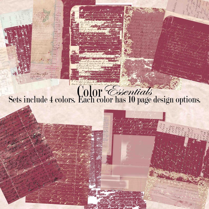 May include: A collection of vintage-style paper sheets in various shades of red, pink, and cream. The papers feature aged textures, handwritten script, and decorative elements. Text on the image reads "Color Essentials" and "Sets include 4 colors. Each color has 10 page design options."