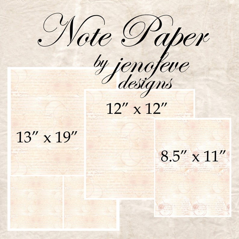 May include: Three different sizes of printable note paper with a vintage design. The paper is cream colored with a subtle pink floral pattern and lined with faint gray lines. The sizes are 13 inches by 19 inches, 12 inches by 12 inches, and 8.5 inches by 11 inches.