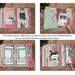 May include: A multi-page mini album with decorative papers, embellishments, and photo frames. The album features a variety of patterned papers in pink, blue, and floral designs. The text on the album reads "LOVE STORY" and "ever after".