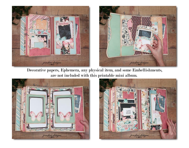May include: A multi-page mini album with decorative papers, embellishments, and photo frames. The album features a variety of patterned papers in pink, blue, and floral designs. The text on the album reads "LOVE STORY" and "ever after".