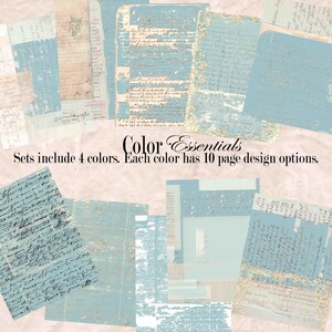 May include: A collection of vintage-style paper sheets in various shades of blue and beige. Some sheets feature handwritten script and decorative borders. The text "Color Essentials" and product details are also visible.