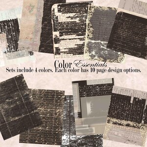 May include: A collection of vintage-style paper sheets in various sizes and designs. The papers feature distressed textures, handwritten script, and decorative elements. The text "Color Essentials" and details about the sets are also visible.