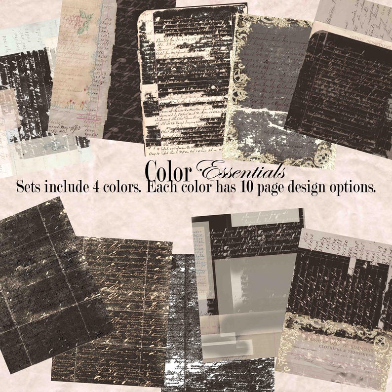 May include: A collection of vintage-style paper sheets in various sizes and designs. The papers feature distressed textures, handwritten script, and decorative elements. The text "Color Essentials" and details about the sets are also visible.